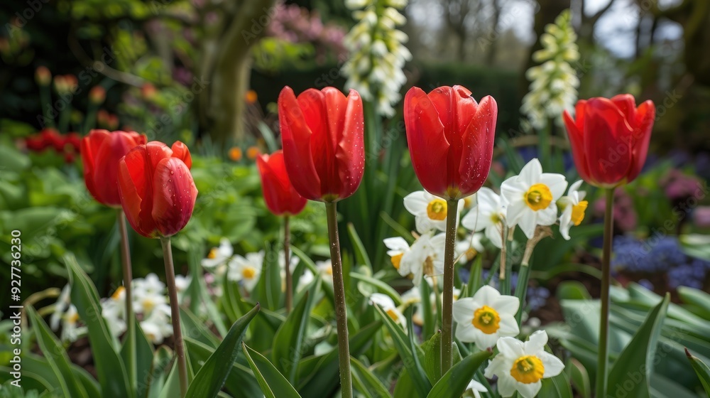 Red tulips in bloom surrounded by hyacinthus and narcissus Red tulips in bloom surrounded by hyacinthus and narcissus