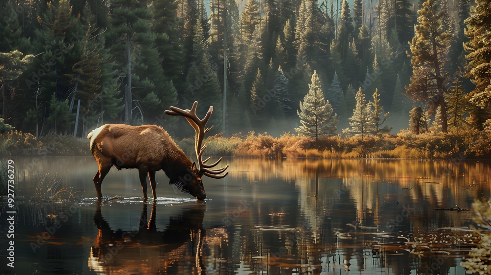 Elk drinking water from the river against Elk drinking water from the river against