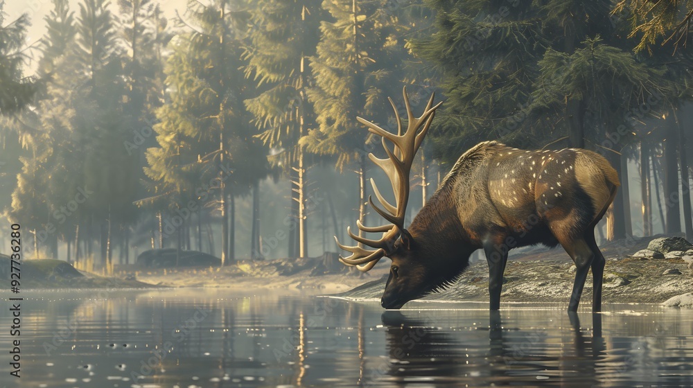Elk drinking water from the river against Elk drinking water from the river against