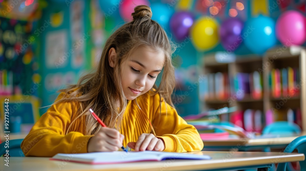 portrait of female student writes at the desk in classroom portrait of female student writes at the desk in classroom
