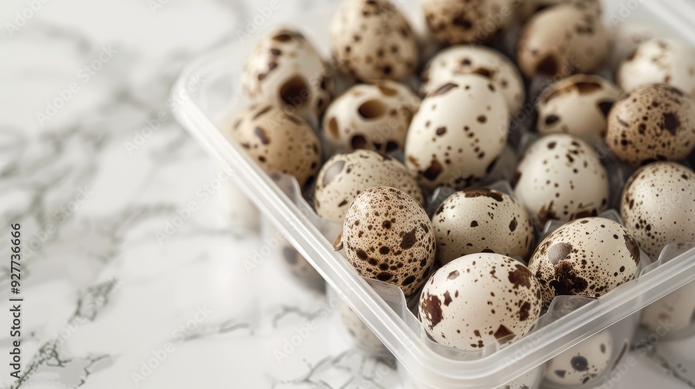 Quail eggs in plastic box on white marble table Close up Quail eggs in plastic box on white marble table Close up