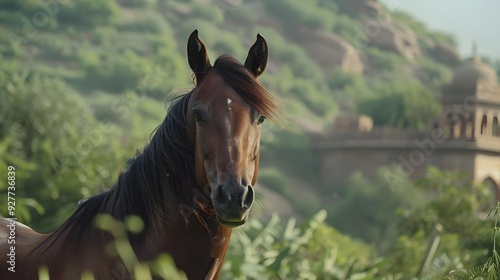 Marwari horses with their unique curved ears stand photo