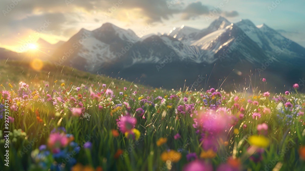 Fototapeta premium Meadow colorful dotted with bright flowers stretching