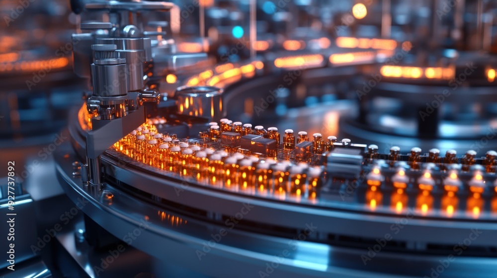 Automated machinery efficiently processes pharmaceutical products on a production line, illuminated by a warm glow Automated machinery efficiently processes pharmaceutical products on a production line, illuminated by a warm glow