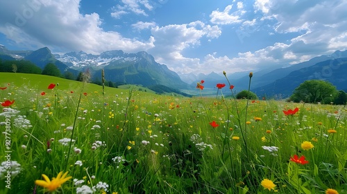 The swiss meadows withsque mountains and hills photo