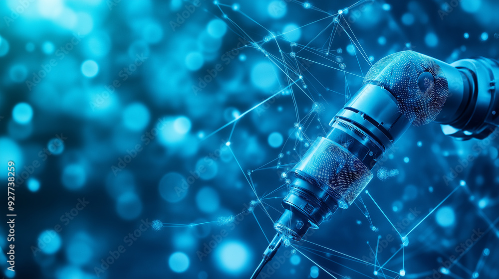 A futuristic blue AI-powered robotic arm with swirling data streams on a blue bokeh background, symbolizing AI in manufacturing