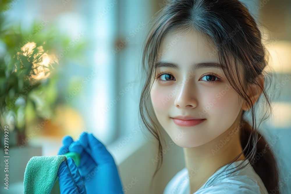 Smiling Asian Woman Cleaning Window Sill with Green Spray and Rag, Wearing Blue Rubber Gloves, White Cabinet and Living Room Interior in Background, Feminine Warm Color Theme, High-Resolution Smiling Asian Woman Cleaning Window Sill with Green Spray and Rag, Wearing Blue Rubber Gloves, White Cabinet and Living Room Interior in Background, Feminine Warm Color Theme, High-Resolution