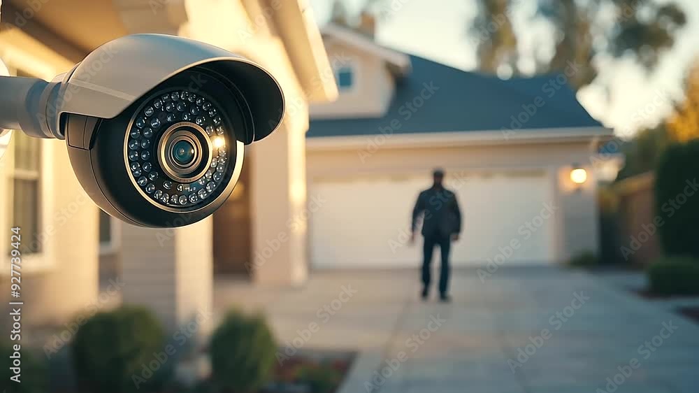 a modern security camera installed at a residential property, capturing real-time footage. A shadowy silhouette of a burglar in dark clothing is blurred in the background, highlighting the role of sec a modern security camera installed at a residential property, capturing real-time footage. A shadowy silhouette of a burglar in dark clothing is blurred in the background, highlighting the role of sec
