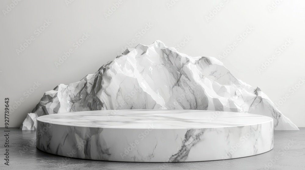 Geometric Elegance for Cosmetic Showcase, a pristine white background with polished stone podium, highlighting a cosmetic product on a symmetrical, faceted stage. Geometric Elegance for Cosmetic Showcase, a pristine white background with polished stone podium, highlighting a cosmetic product on a symmetrical, faceted stage.