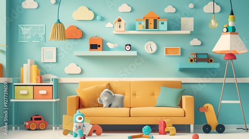 Contemporary kids  decor, toys and wall decals, flat design illustration