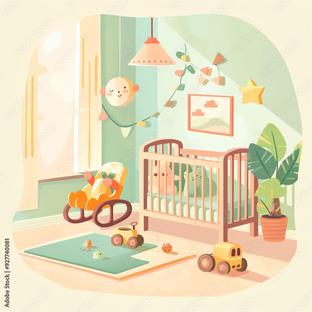 Comfortable play area, crib and toys, flat design illustration Comfortable play area, crib and toys, flat design illustration
