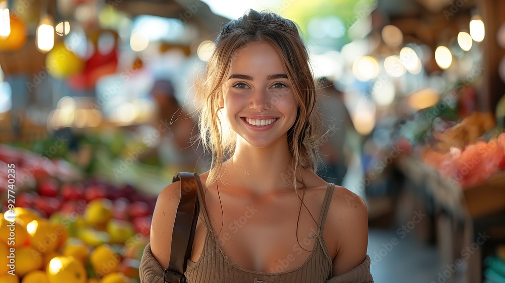 Charming woman in a trendy outfit, radiating joy, strolling through a lively marketplace filled with colorful stalls and bustling energy