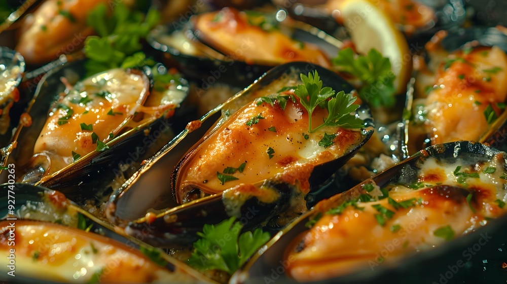 Seafood baked mussels with garlic and cheese served Seafood baked mussels with garlic and cheese served