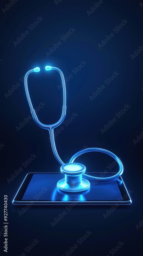 A glowing stethoscope resting on a tablet, symbolizing modern healthcare technology and telemedicine innovation in a digital era. A glowing stethoscope resting on a tablet, symbolizing modern healthcare technology and telemedicine innovation in a digital era.