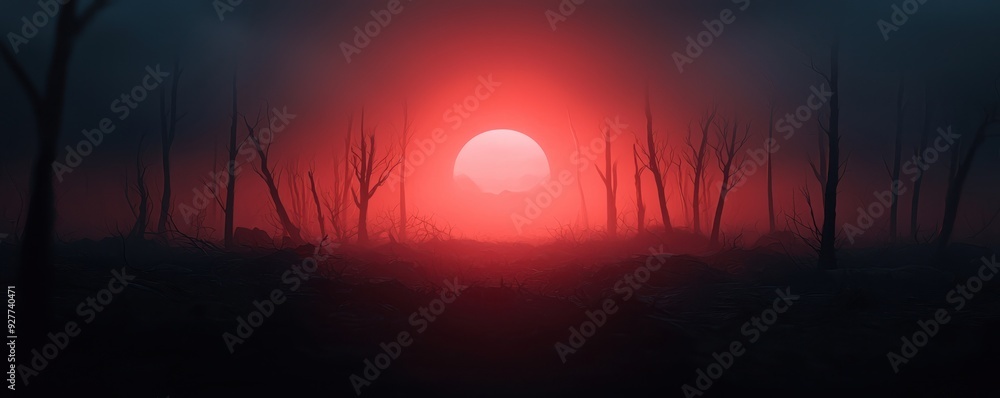 A haunting landscape with a glowing red sun setting behind dark silhouettes of trees, creating an eerie and atmospheric scene. A haunting landscape with a glowing red sun setting behind dark silhouettes of trees, creating an eerie and atmospheric scene.