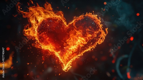 A close-up of a flaming heart, its edges flickering with red and orange flames, set against a dark background to highlight the heat and intensity of love.