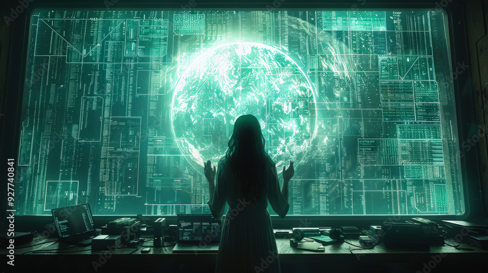 Woman analyzing glowing digital globe in futuristic lab
Woman analyzing glowing digital globe in futuristic lab