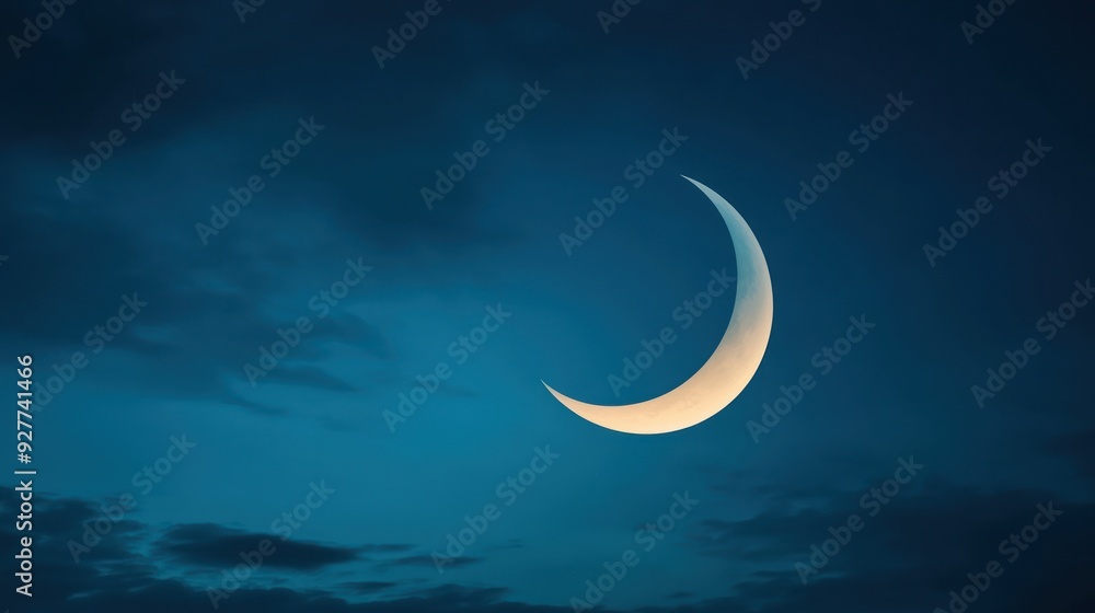 A serene crescent moon shining softly in a deep blue night sky, surrounded by gentle clouds, evoking tranquility and wonder. A serene crescent moon shining softly in a deep blue night sky, surrounded by gentle clouds, evoking tranquility and wonder.