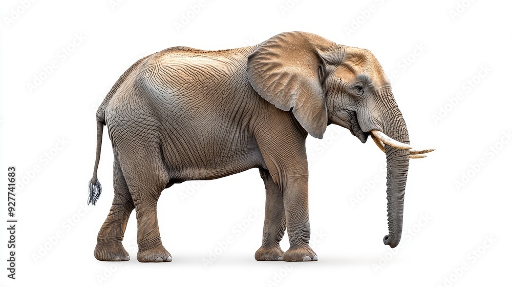 Fototapeta premium A majestic African elephant standing tall on a white background, with its trunk gently curled and tusks prominent, showcasing its strength and grace.