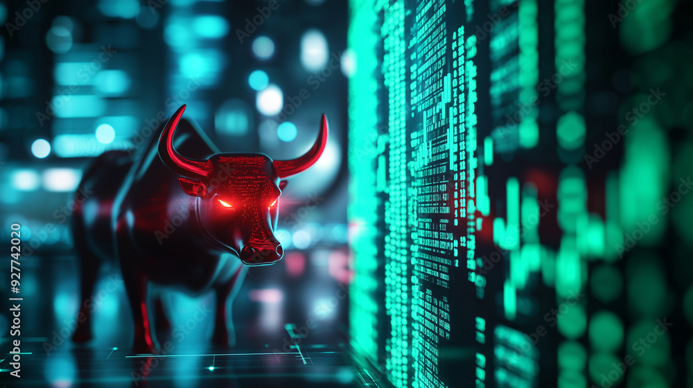 A vibrant red bull with glowing eyes, surrounded by towering green price bars, symbolizing aggressive market growth, with a blurred background of a bustling financial district. A vibrant red bull with glowing eyes, surrounded by towering green price bars, symbolizing aggressive market growth, with a blurred background of a bustling financial district.