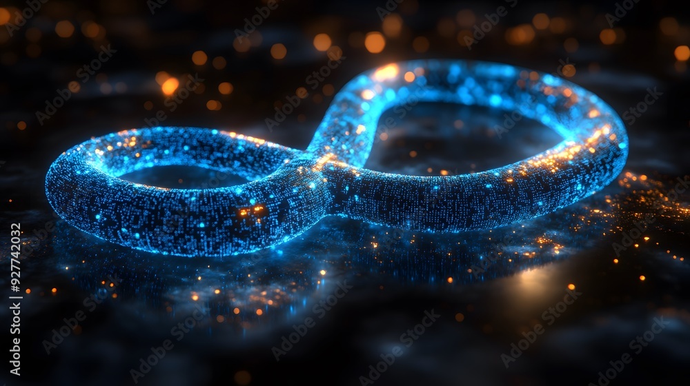 Blue infinity symbol composed of sparkling binary code particles on a black background, representing endless technological potential Blue infinity symbol composed of sparkling binary code particles on a black background, representing endless technological potential