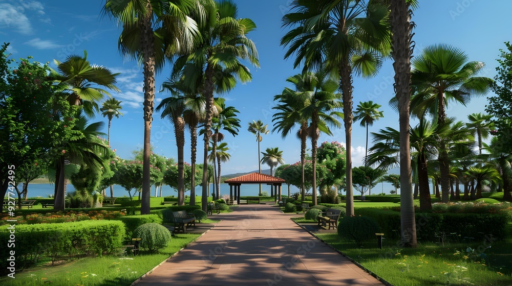 Fototapeta premium Oasissque with tall palm trees and green