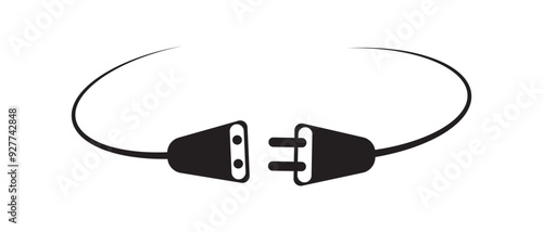 Electric socket with a plug in black color. Electric plug and outlet socket unplugged. Connection and disconnection concept with wire, cable. Vector on isolated white background.