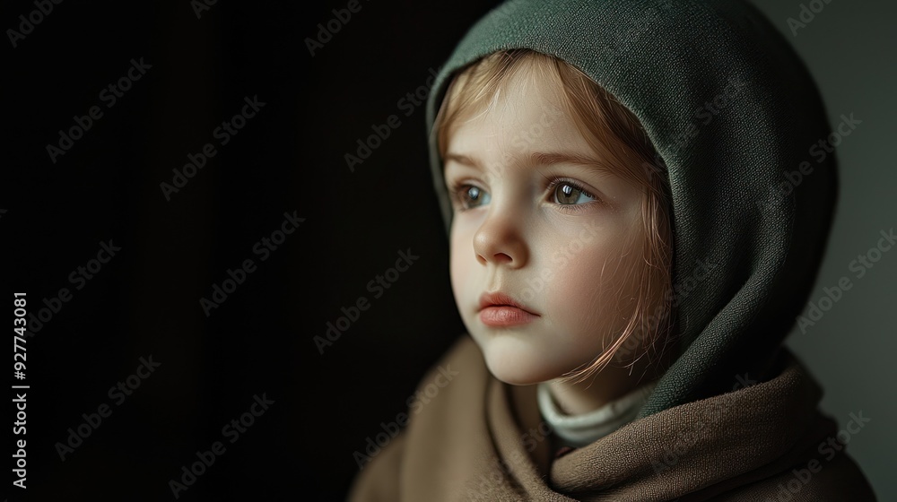 A thoughtful child gazes into the distance, embodying innocence and curiosity in a serene, dimly lit setting. A thoughtful child gazes into the distance, embodying innocence and curiosity in a serene, dimly lit setting.