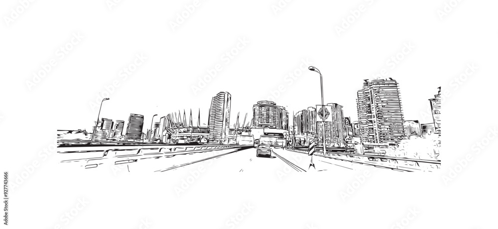 Obraz premium Print Building view with landmark of Stanley is the capital in Falkland. Hand drawn sketch illustration in vector.