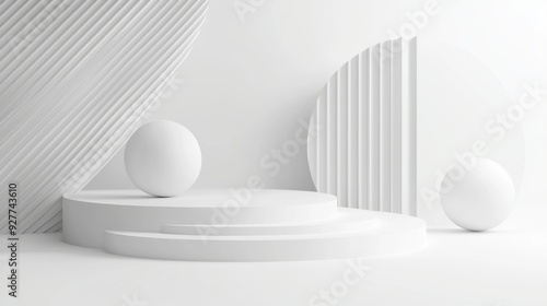 Elegant white geometric structure backdrop, ideal for showcasing cosmetic products, featuring a matte acrylic surface with overlapping layers for a modern presentation.