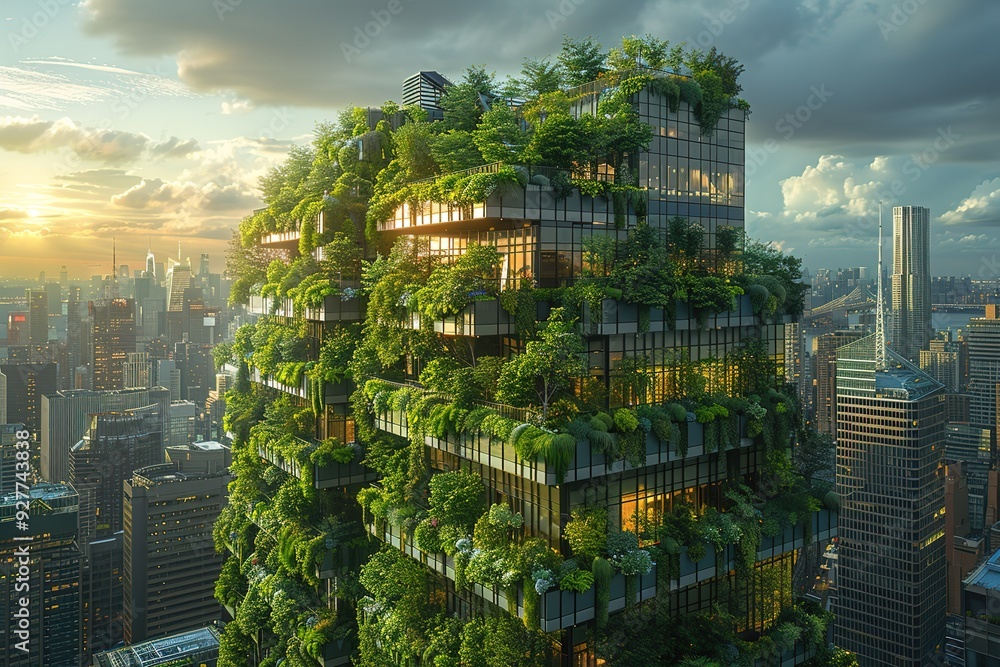 Obraz premium An urban skyline transformed by green architecture, with rooftop gardens and vertical forests, 