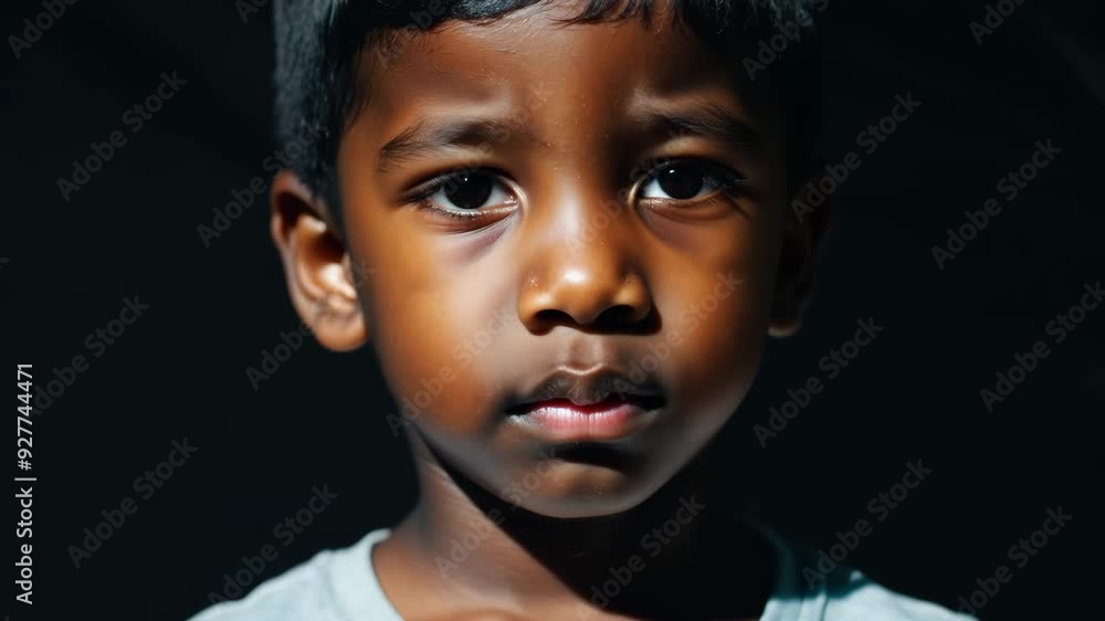 A young boy with short black hair and a beard stands against a black background, his intense gaze highlighted by dramatic low-key lighting A young boy with short black hair and a beard stands against a black background, his intense gaze highlighted by dramatic low-key lighting