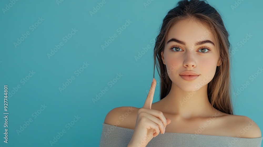 Photo of pretty young woman direct fingers empty space wear top isolated on blue color background Photo of pretty young woman direct fingers empty space wear top isolated on blue color background