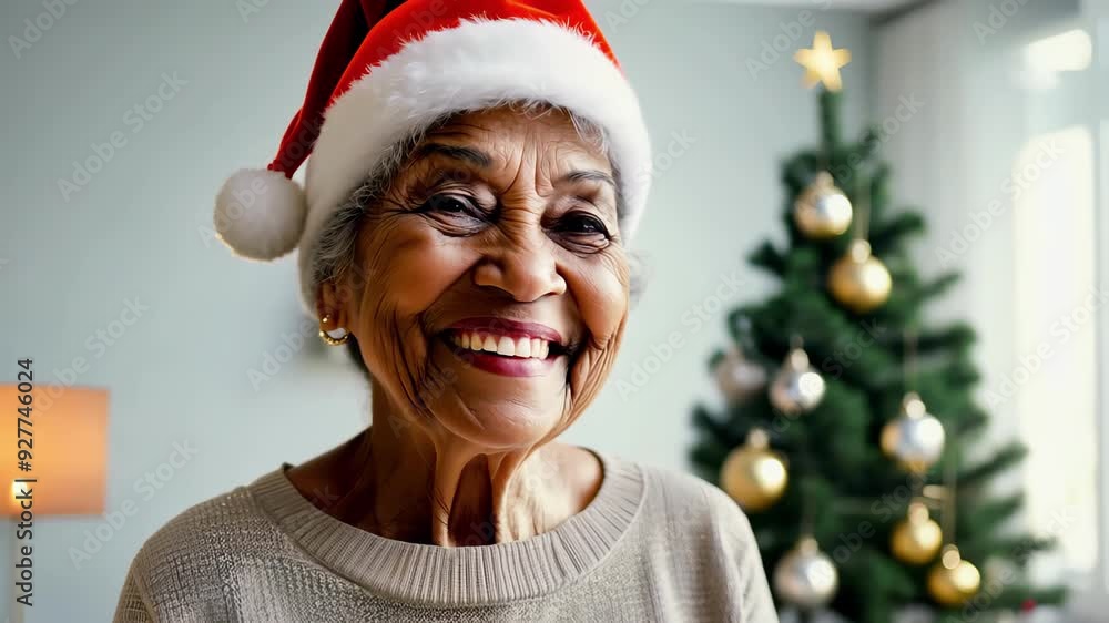 Smiling Senior African American Woman Wearing a Santa Hat Standing Next to a Decorated Christmas Tree. Concept of Holiday Spirit, Festive Cheer, Joyful Celebration, and Seasonal Tradition. Smiling Senior African American Woman Wearing a Santa Hat Standing Next to a Decorated Christmas Tree. Concept of Holiday Spirit, Festive Cheer, Joyful Celebration, and Seasonal Tradition.