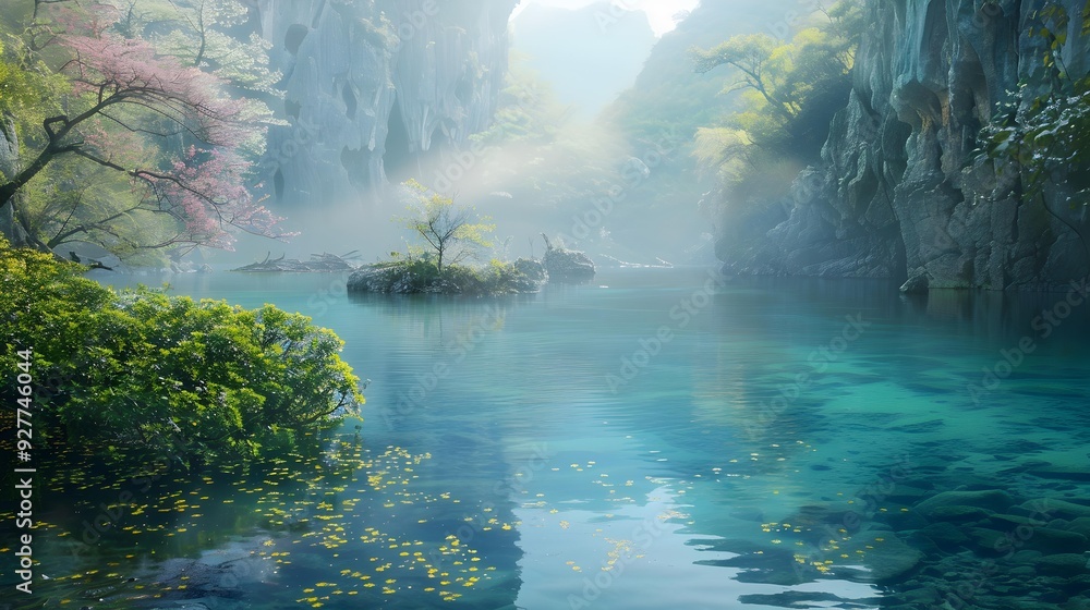 Lake calm is surrounded by karst formations Lake calm is surrounded by karst formations