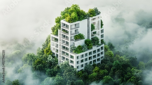 buildings Future green business idea Environmental sustainability goals in 2050. White building shape amidst pristine nature. --ar 