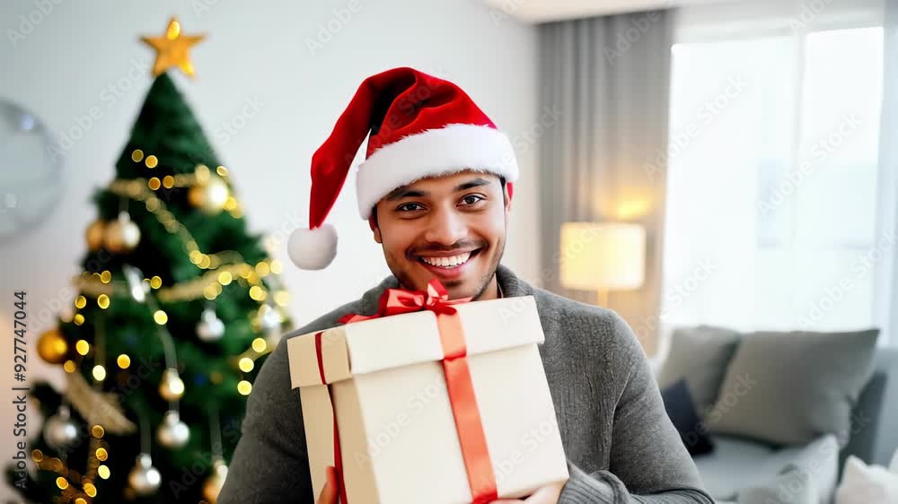 Smiling Young Man Wearing Santa Hat Standing by Decorated Christmas Tree. Concept of Holiday Cheer, Festive Season, Christmas Celebration, Joyful Moments. Smiling Young Man Wearing Santa Hat Standing by Decorated Christmas Tree. Concept of Holiday Cheer, Festive Season, Christmas Celebration, Joyful Moments.