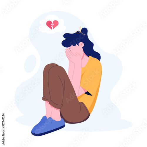 Heartbroken woman hiding her face with hands and crying, flat illustration  