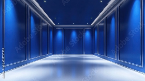 Sapphire Blue Glamorous Corner Retreat, an elegant empty room featuring shimmering blue walls, silver trim, a high-gloss white floor, and soft uplighting for a luxurious ambiance photo