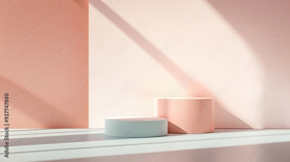 Pastel Peach Geometric Dream, an elegant scene featuring a glossy podium in pastel peach and pale blue, ideal for showcasing cosmetic products in a modern setting. Pastel Peach Geometric Dream, an elegant scene featuring a glossy podium in pastel peach and pale blue, ideal for showcasing cosmetic products in a modern setting.