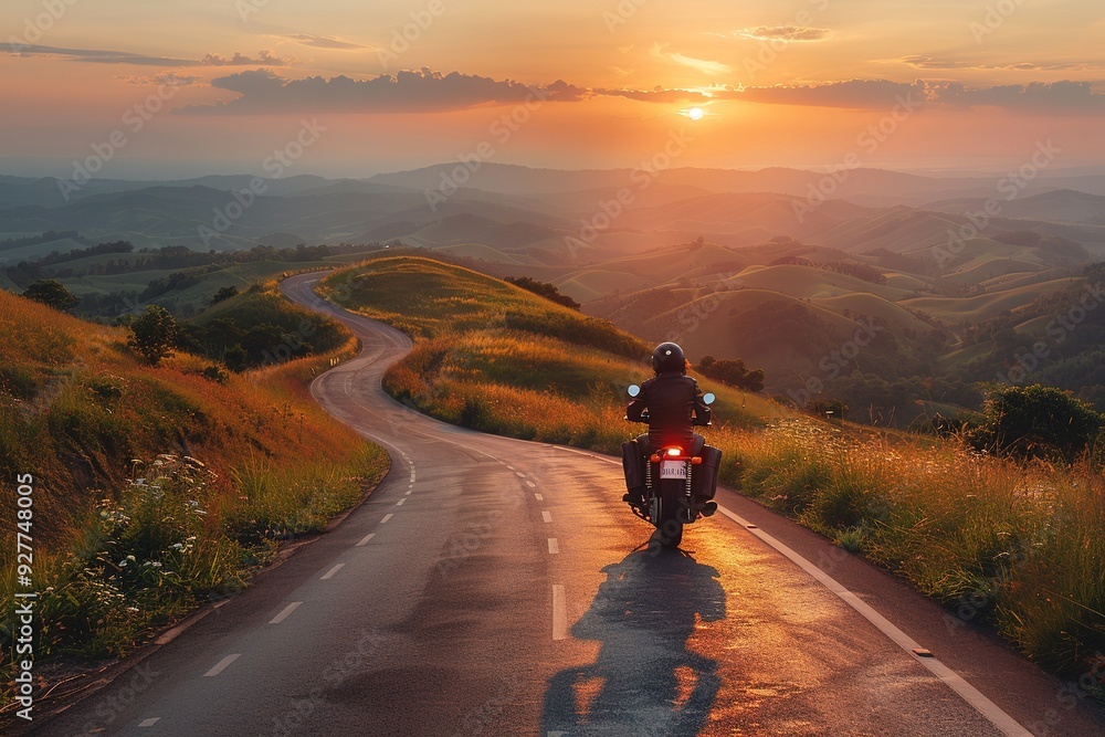 Motorbike journey through rolling hills, the horizon glowing with the last light of day , free space for text Motorbike journey through rolling hills, the horizon glowing with the last light of day , free space for text