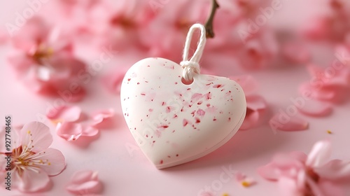 White Heart Shaped Ornament with Pink Flower Petals
