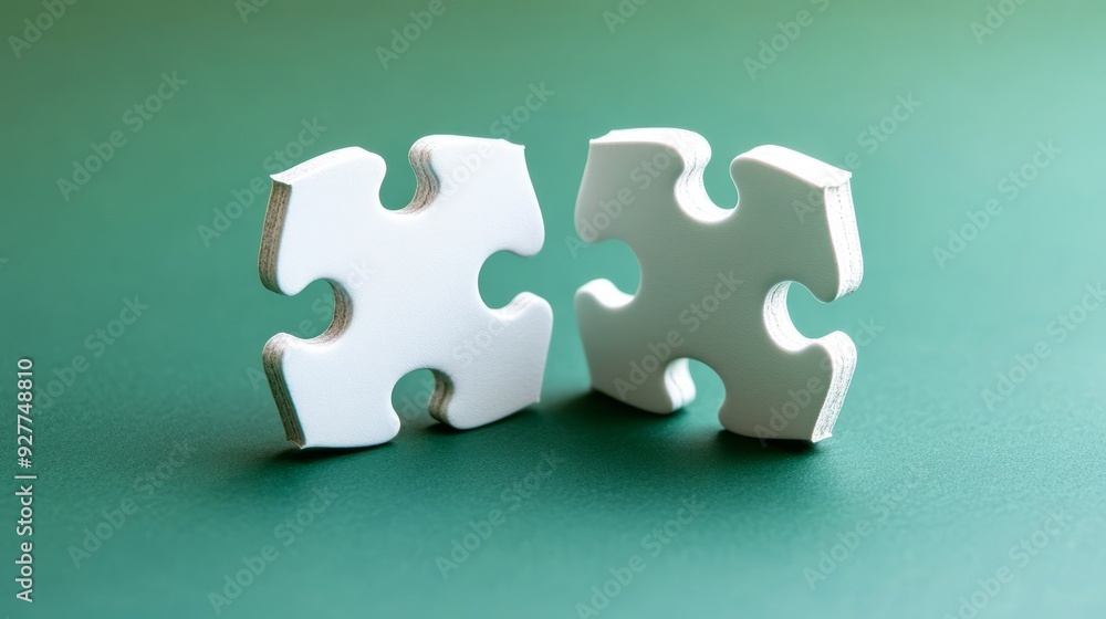 Fototapeta premium Two pieces of blank white jigsaw puzzle isolated on green background for