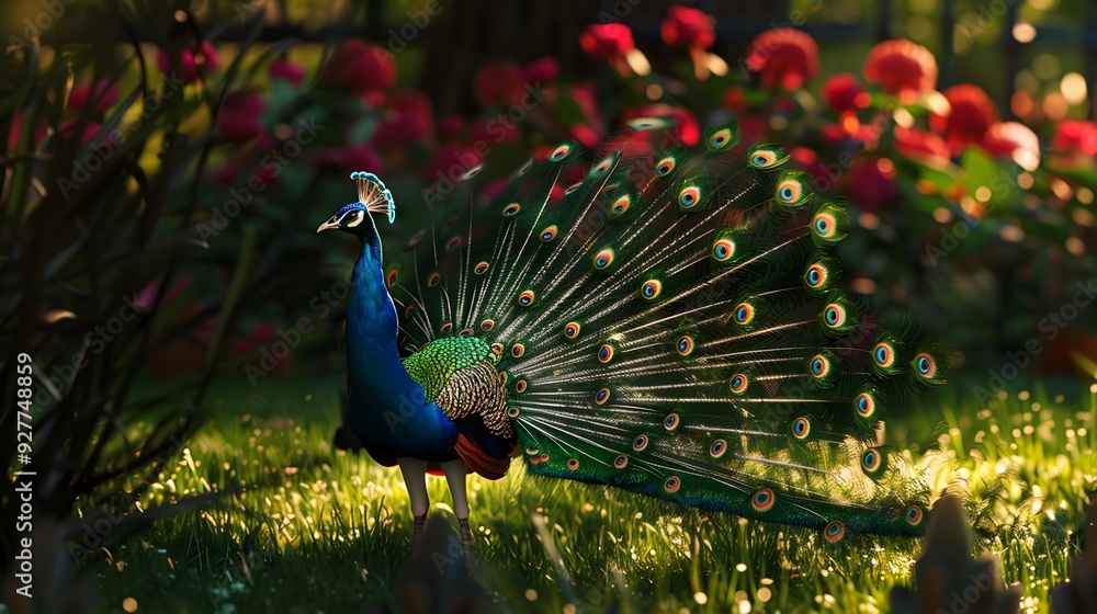 Obraz premium Peacock spreading its tail against the backdrop