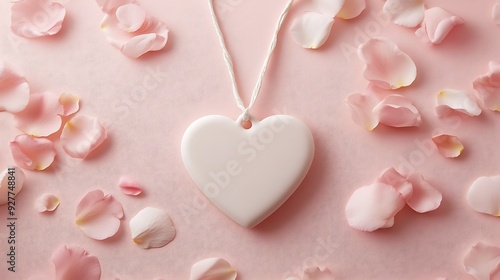 White Heart Ornament Surrounded by Delicate Pink Rose Petals