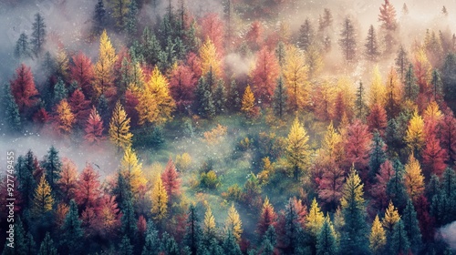 Colorful Autumn Forests, Foggy Landscapes. Isometric satellite autumn background. AI generated image