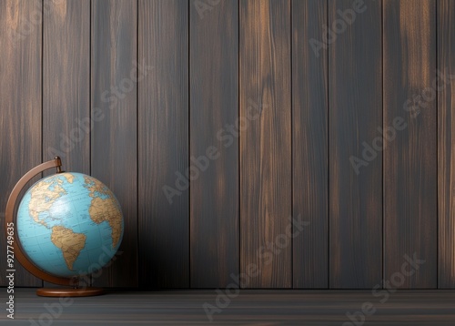 Old vintage globe on a wooden background, with copy space for text photo