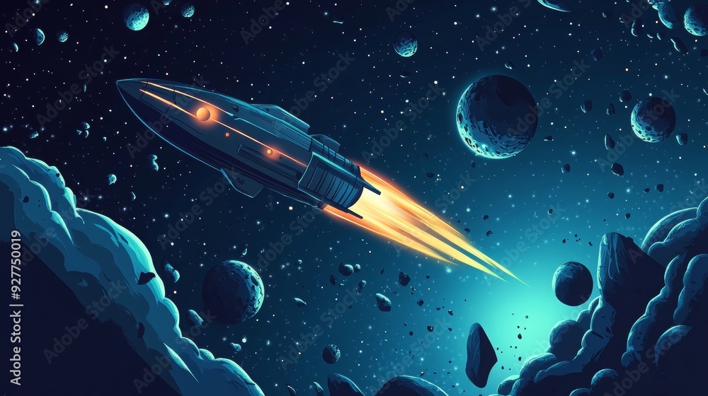 Naklejka premium A spaceship moving among planets in space.