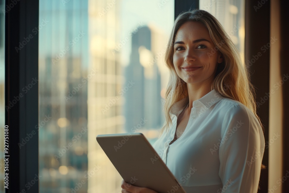 businesswoman in front of a window, with a tablet in her hand. smiling businesswoman in front of a window, with a tablet in her hand. smiling