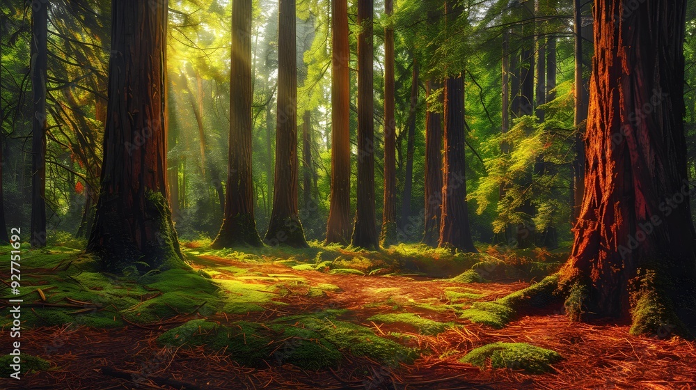 Obraz premium Landscape among redwoods where tall trees create shade